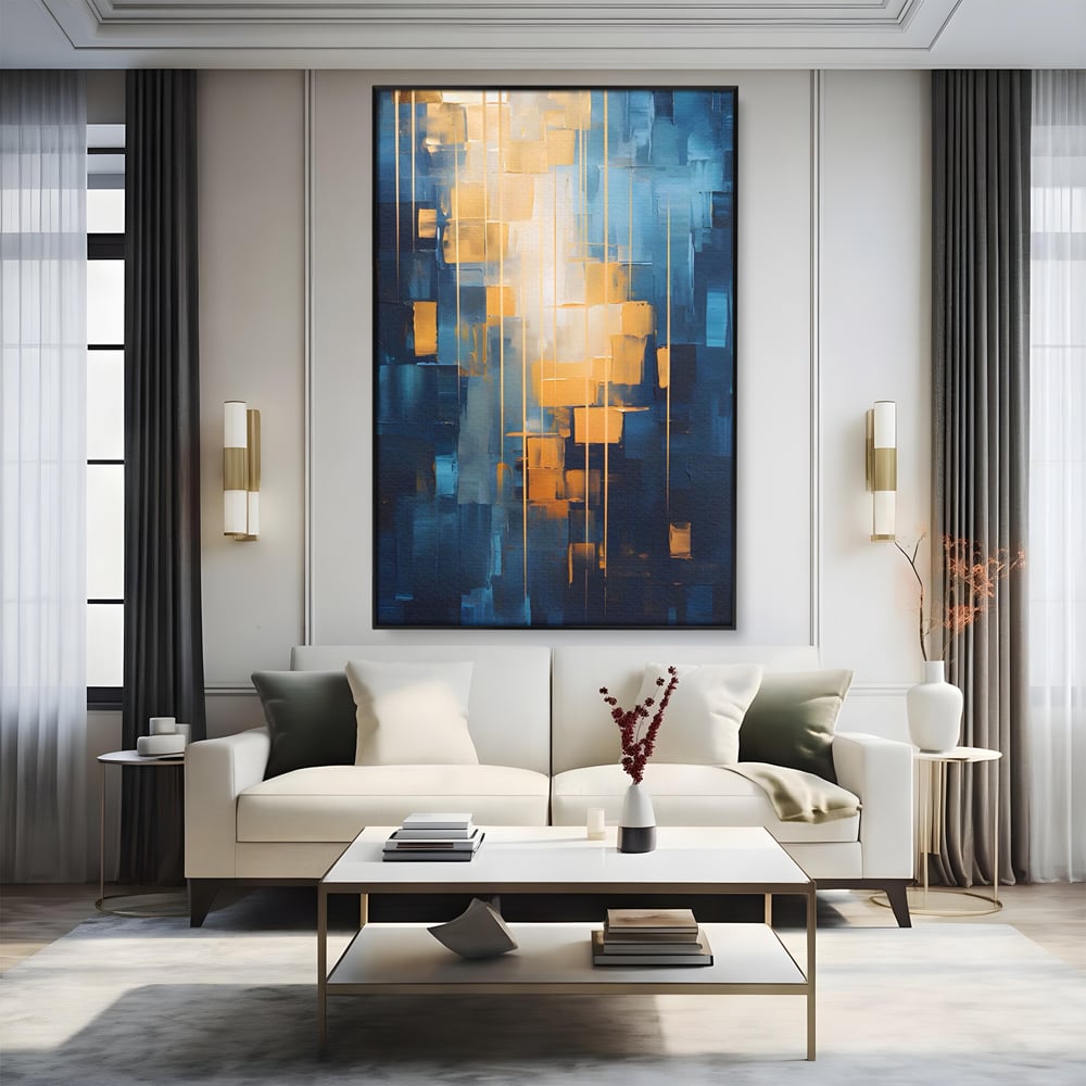 Tablou canvas cu pictura abstracta cu linii aurii, in rama de aluminiu negru, pe perete intr-un living